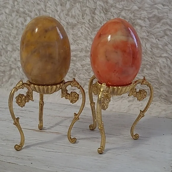 Marble Eggs Alabaster 4pc Stone Hand Crafted Vintage with Victorian Style Stands - Picture 2 of 8